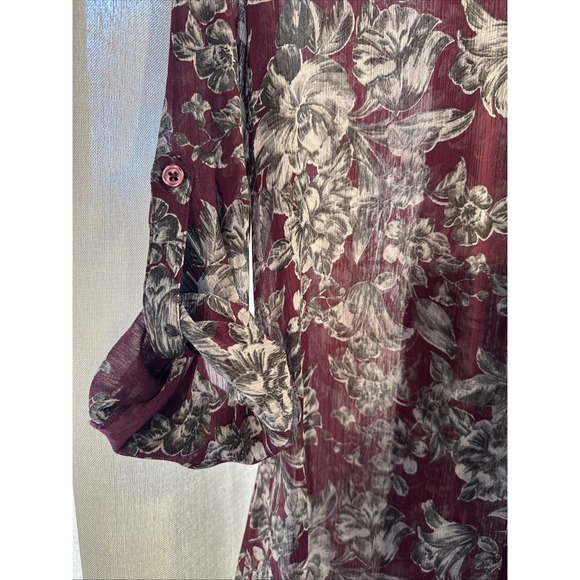 Kut From The Kloth Womens Burgundy Grey Floral‎ Sheer Button Down Shirt L - Picture 7 of 7
